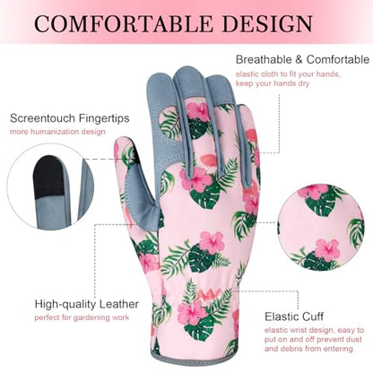 Leather Gardening Gloves for Women Thorn Proof Garden Gloves Touch Screen Working Gloves Gifts,M - color: Flamingo