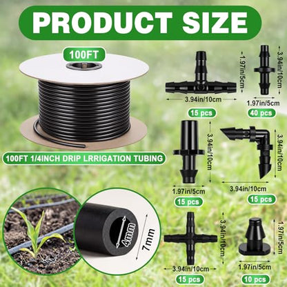 100 ft 1/4 Inch Drip Irrigation Tubing Kit, 1/4" Black Drip Hose with 110 Pcs Fittings, Distribution Hose Tube Set with Spool for Garden DIY Irrigation System