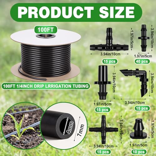 100 ft 1/4 Inch Drip Irrigation Tubing Kit, 1/4" Black Drip Hose with 110 Pcs Fittings, Distribution Hose Tube Set with Spool for Garden DIY Irrigation System