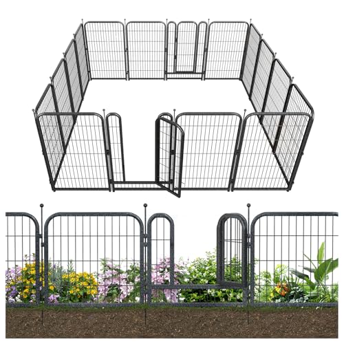 Decorative Garden Metal Fence 36ft (L)×45in (H) with 14 Panels 2 Gate Outdoor, No Dig Rustproof Wire, Animal Barrier Fencing for Outdoor Yard Patio Flower Bed,（Black-Silver） - size: 45in(H)x36ft(L)