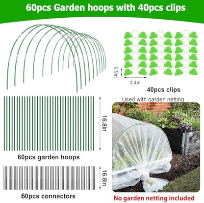 60pcs Garden Hoops for Raised Beds Wide, 8ft Greenhouse Hoops Grow Tunnel for Row Cover Netting, Adjustable Fiberglass Rust-Free Garden Bed Plant Hoops Support DIY Frame Stake for Outdoor, 40pcs Clips - size: 60PCS