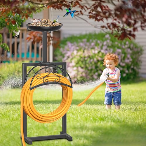 Garden Hose Holder, Freestanding Holds 150ft with Bird Feeder - style: Floral With bird feeder