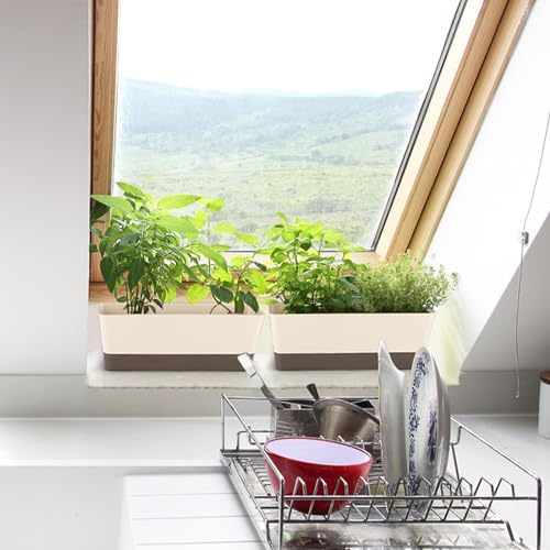 Window Box Planter with Tray, 12" Rectangle Plant Pot, Pack of 2 (Beige)