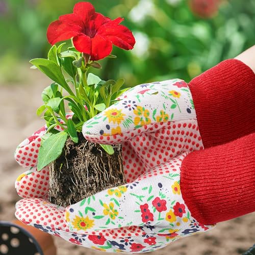 DOFOWORK Gardening Gloves, 4 Pair Floral Garden Gloves for Women with Dots - color: Green and Red