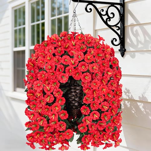 Artificial Fall Fake Red Hanging Flowers Plants Baskets for Outdoor Decoration, 4PCS Faux Silk UV Resistant Look Real Morning Glory Vines for Outside Porch Patio Balcony Garden Yard Home Decor - color: Red Morning Flory