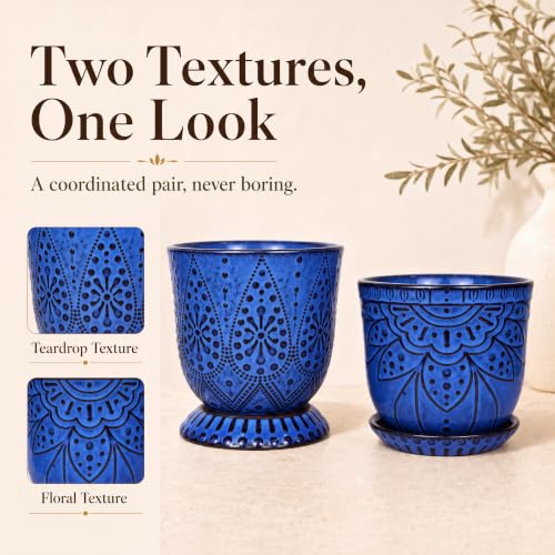 Gepege Ceramic Plant Pots, 6 Inch Indoor Planters with Drainage & Saucers - color: Blue, size: 6 Inch - Set of 2