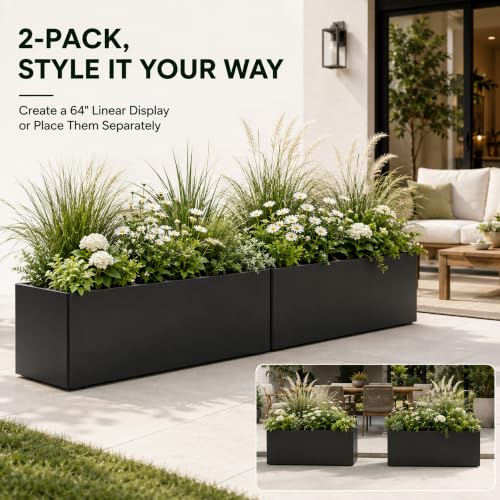 2 Pack 32" Large Rectangular Metal Planter Boxes Outdoor, Long Planter Box - size: 32"L x 12"W x 15.98"H