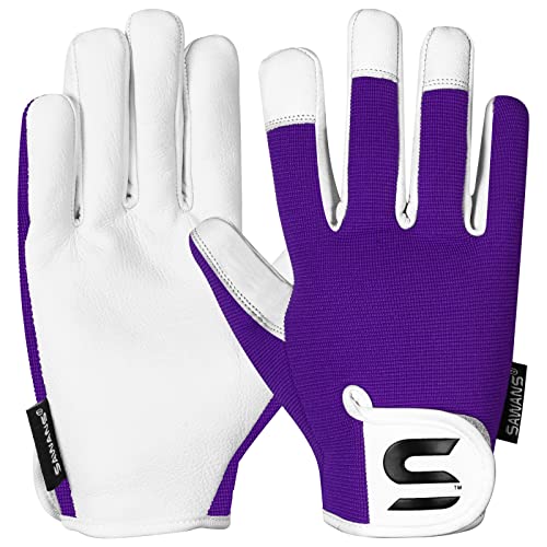 SAWANS Leather Gardening Gloves Ladies and Mens Thorn Proof Garden Gloves for Women Men Gardening Durable Work Gloves - color: Purple, size: Medium
