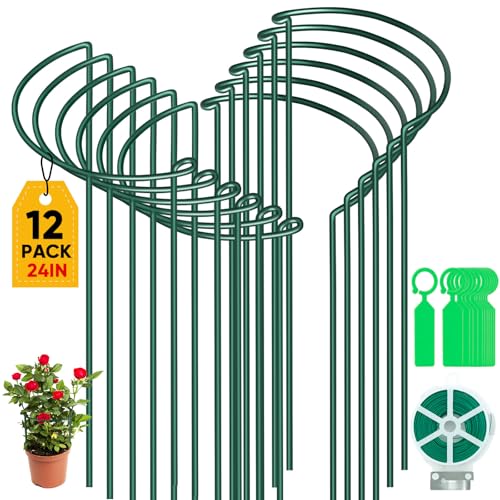 12 Pack 24 Inch Tall Plant Support Stakes, 10" W x 24" H Half Round Peony Cages and Support, Heavy Duty Green Plant Cage Ring Support for Indoor and Outdoor Peony Rose Tomato Hydrangea Flower - size: 10" Wide x 24" High