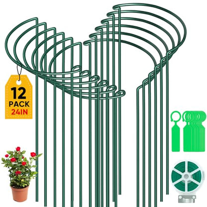 12 Pack 24 Inch Tall Plant Support Stakes, 10" W x 24" H Half Round Peony Cages and Support, Heavy Duty Green Plant Cage Ring Support for Indoor and Outdoor Peony Rose Tomato Hydrangea Flower - size: 10" Wide x 24" High