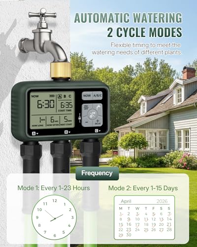 3 Zone Brass Sprinkler Timer, Garden Hose Timer, Automatic Irrigation System, Programmable Faucet, 3 Outlets, with Rain Delay, Manual Mode,Child Lock, for Yard, Garden, Lawn, Green E13WT06