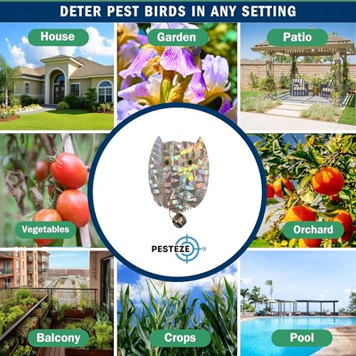 PESTEZE USA Owl Bird Deterrent Reflective Hanging Decoy Repellent with Bell, 4 Pack 3.5 x 5 in Shiny Scare Device Keep Birds Away Outdoor Porch Garden Yard Patio Protect Property