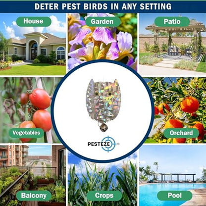 PESTEZE USA Owl Bird Deterrent Reflective Hanging Decoy Repellent with Bell, 4 Pack 3.5 x 5 in Shiny Scare Device Keep Birds Away Outdoor Porch Garden Yard Patio Protect Property