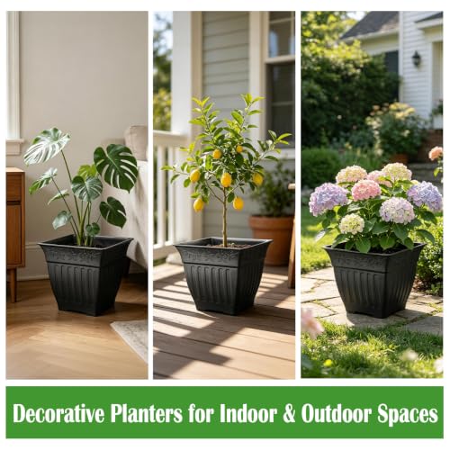 4-Pack 14 Inch Large Square Planters, Embossed Leaf Pattern, Black - color: Black, size: 4P-14 INCH