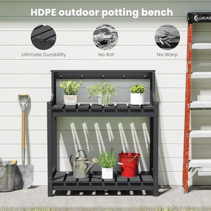 Domi 3-Tier Potting Benches for Outside, HDPE Outdoor Potting Table, Grey - color: Gray