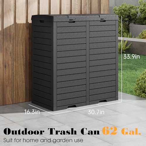 Waterproof Outdoor Trash Can with Lid, Plastic Outdoor Garbage Can with Drip Tray, Large Trash Can Outside for Patio, Garage, Pool, Garden, Backyard & Deck, Black (62 Gallon) - color: Black, size: 62 Gallon