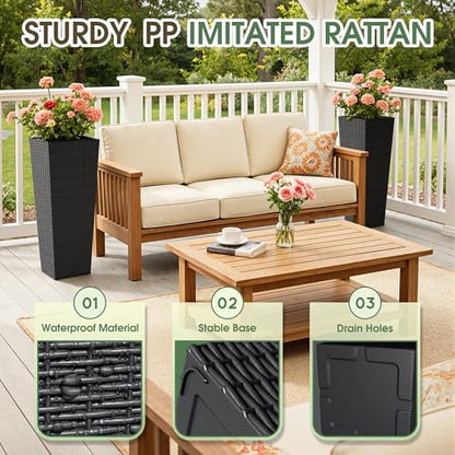 Greesum 32 Inch Tall Plastic Planters with Rattan Texture – Set of 2, Black - color: Black, size: 32" without Tray