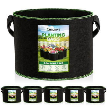 CHRORINE 6-Pack 5 Gallon Grow Bags 300G Thickened Aeration Fabric Pots with Handles Suitable for Planting Plants Flowers and Fruits - size: 5 Gallon