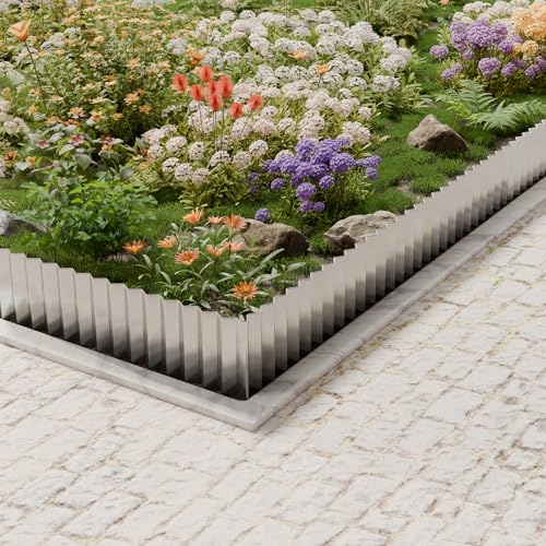 SnugNiture Corrugated Metal Garden Edging,8" x 20' Sturdy Lawn Edging Border,Landscape Edging Border for Lawn, Flower Bed,Garden and Yard - color: Silver