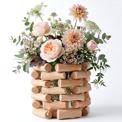 Farmhouse Solid Wood Openwork Vase - with 3.5 Inch Borosilicate Glass Liner, Indoor Tabletop Decor, Versatile Floral Container for Fresh & Dried Flowers, Hydroponics and Mini Potted Plants