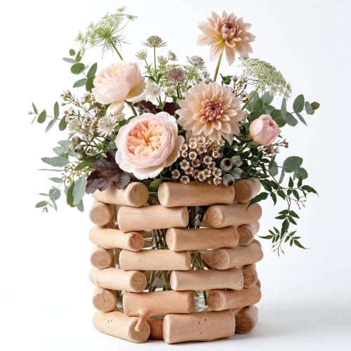 Farmhouse Solid Wood Openwork Vase - with 3.5 Inch Borosilicate Glass Liner, Indoor Tabletop Decor, Versatile Floral Container for Fresh & Dried Flowers, Hydroponics and Mini Potted Plants