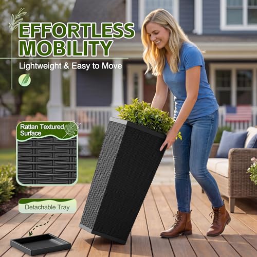 Devoko Resin 30'' Tall Planters Large Taper Outdoor Planter - color: Black, size: 30" With Trays