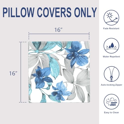 Outdoor 16x16 Inch Throw Pillow Covers Set of 2, All Weather Square Pillow Cases, Patio Cushion Pillow of Home Furniture Use, Clemens Noir Blue - color: Clemens Noir Blue, size: 16" x 16" (Pack of 2)