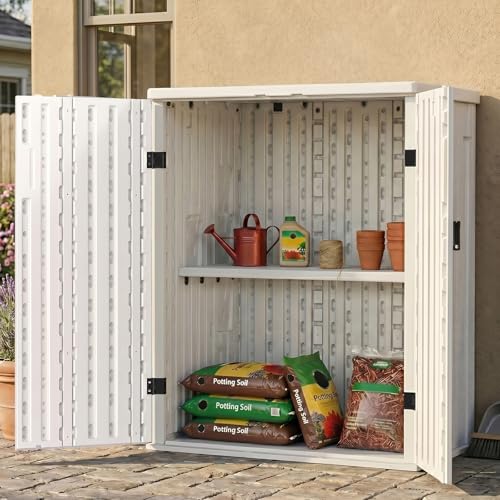 EHHLY Heavy Duty Small Storage Cabinet Outdoor Weatherproof, 14 Cuft Garage Storage Cabinet with 2 Adjustable Shelves, Lockable Kitchen Pantry Closer Organizer, 31Wx23Lx34H, Polar White - color: Polar White, size: 14 Cuft