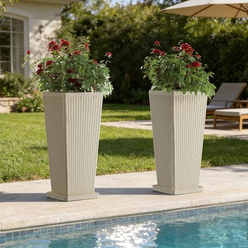 Square Tall Planters for Outdoor Plants with Tray - 24" Beige 2Pack - color: Beige-sandblasting