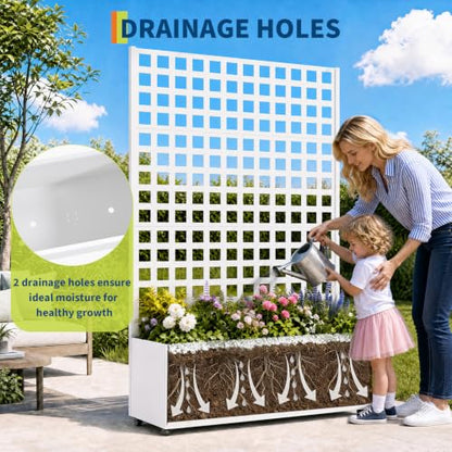 Garvee Metal Planter Box with Trellis and Wheels 71"x47"x16", Drainage Hole - color: Grid - White, size: with wheels