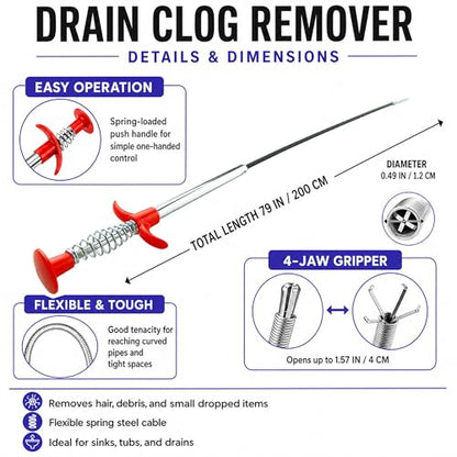 Drain Snake Clog Remover Kit, 16.4 FT Long Flexible Drain Snake Auger with Auto Feed & Drill Attachment, 79 Inch Grabber Claw, Hair Removal Tools for Kitchen Sink, Shower and Bathtub