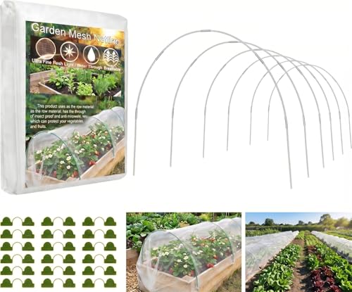 Garden Netting Kit for Raised Beds, 10x30FT Ultra Fine Mesh Netting & 5 Sets Garden Hoops with 18 Clips, Greenhouse Row Cover Net for Vegetable Fruits Flowers Barrier