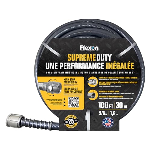 Flexon Supreme Duty 5/8" x 100-Foot Heavy-Duty Garden Hose – Kink-Resistant, High Burst Strength, Crush-Proof Brass Fittings, Ideal for Landscaping and Job Sites - size: 100 ft