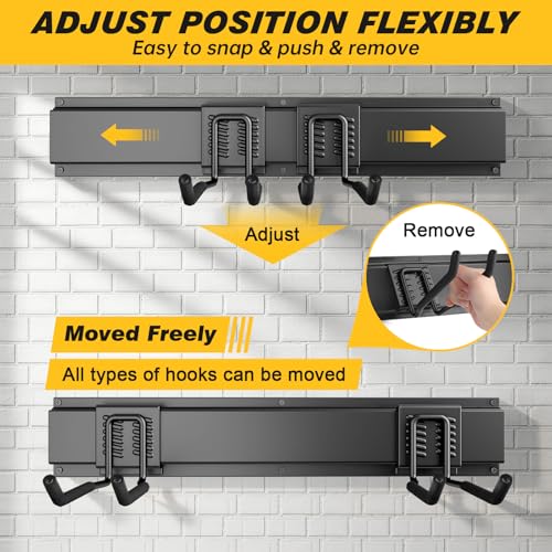 99 Inches Garage Storage, UUP Garage Organization, Wall Mount Garden Tool Organizer, Max 1000lbs Adjustable Metal Hook, Yard Shed Hanging Utility Rack, Heavy Duty Shelving for Rake Broom Mop Snowboard - size: 99" with 6 Panels & 14 Hooks