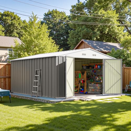 Patiowell 10x12 FT Metal Outdoor Storage Shed, Gray - color: Gray, size: 10x12 FT