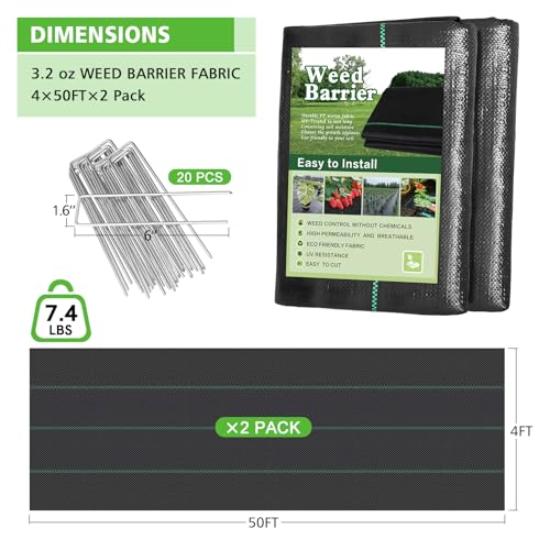 4x100FT Weed Barrier Landscape Fabric, 3.2oz Heavy Duty Garden Cloth, Ground Cover for Gardening, Come with 20 U-Shaped Securing Pegs - size: 4FTx100FT