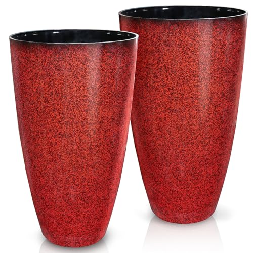 2 Pcs Pack 21 Inches Plastic Resin Tall Tapered Planter Pots Large Round Planter Flower Pot with Drainage Holes for Indoor Outdoor Deck Porch Yard Office Garden Home Patio Front Door (Red, L) - color: Red