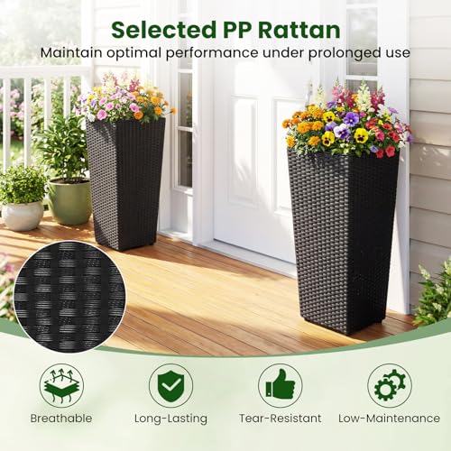GIANTEX Tall Planters Set of 2, 24”H Tapered Rattan Planter, Black - color: Black, size: 11''x11''x24''