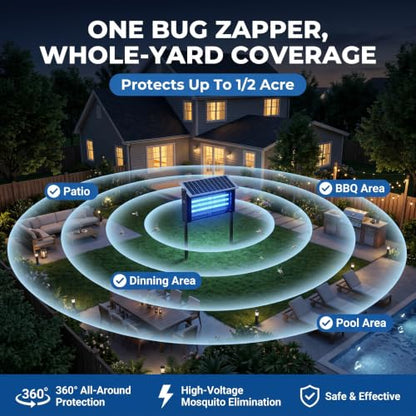 Solar Bug Zapper Outdoor, Solar Powered Bug Zapper with 20W Adjustable Solar Panel, 3×365nm UV Tubes, 4500V Electric Insect Trap,10000mAh Rechargeable, IPX5 Waterproof for Patio Garden Camping Farm - size: 20w with 3 UV lights