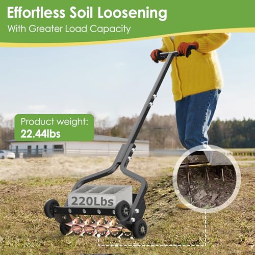 Seeutek 18 Inch Lawn Aerator, Upgraded Heavy Duty Manual Aerators Lawn Tool w/ 3D Steel Tines, 4 Wheels & Non-Slip Handle, Push Spike Aerator Suitable for Lawn, Garden and Yard - size: 18" Upgraded