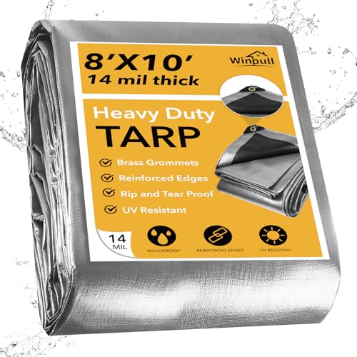 Winpull Heavy Duty Tarp 14 Mil Tarp Waterproof Silver 8x10 FT, UV Resistant Poly Tarp with Reinforced Grommets for Camping, Boat Cover, Patio Furniture, Roof, Firewood Pile - color: Silver/Black-14mil, size: 8'x10'
