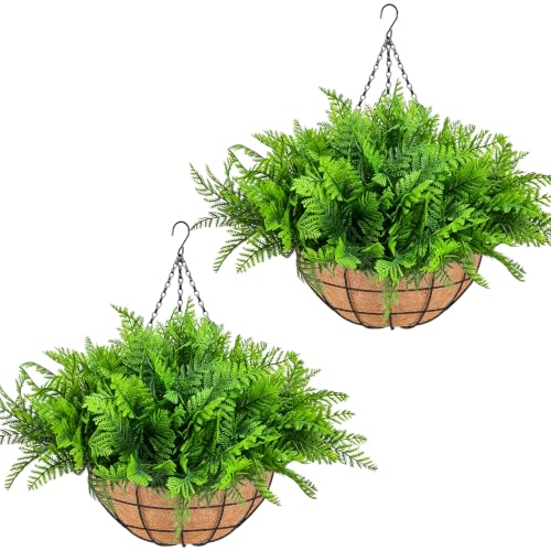 Fake Hanging Plants Fern Baskets, Artificial Ferns for Outdoors, 2 Pack - size: Light Green-2Pack