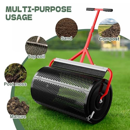 Compost Peat Moss Spreader with Brush Mesh Cleaner, 24 Inch Lawn Roller