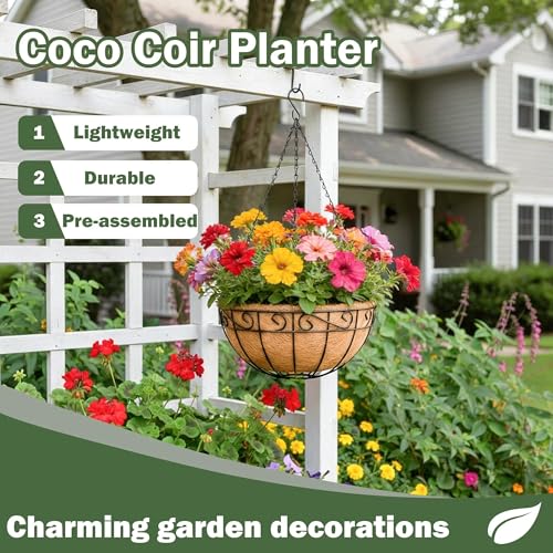 4 Pack 14 Inch Hanging Baskets for Plants Outdoor Metal Hanging Planter Basket with Coco Coir Liner Hanging Flower Pots Holder for Garden, Patio(Flower) - size: 14 Inch, style: English