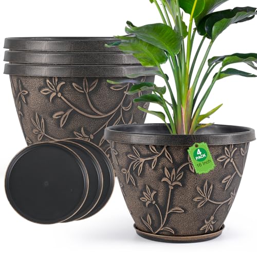 Nooulap 16 Inch Plant Pot Outdoor Indoor, Retro Brown, 4 Pack - color: Retro Brown, size: 16 inch