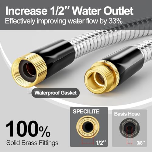 SPECILITE 1/2"x 75FT 304 Stainless Steel Metal Hose with Blue Nozzle - size: 75 ft