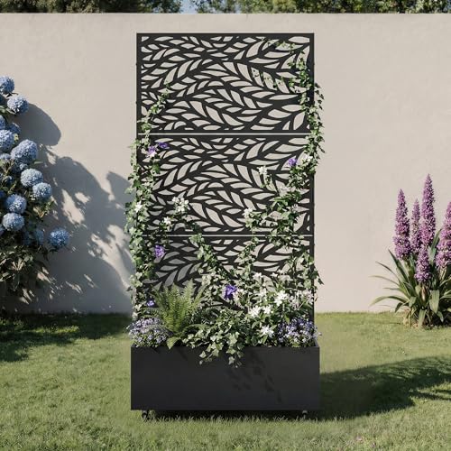 Metal Raised Garden Bed with Trellis and Wheels, 71"x35"x16" (Black-Leaf) - color: Black-leaf, size: 71"x35"x16"