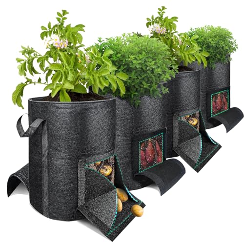 15-Gallon Potato Grow Bags (4 PS) with Unique Leak-Proof Harvesting Window and Transparent Observation Window, Suitable for Indoor and Outdoor Cultivation of Plants Such Tomatoes and Potatoes.