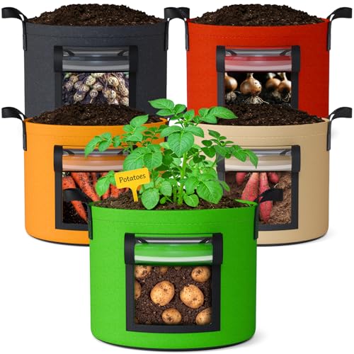 5 Gallon Potato Grow Bags: Set of 5 Colorful Gardening Supplies Fabric Pots with Harvest Window Reinforced Handles - Planting Container for Vegetable Tomatoes Carrot Flowers Balcony Patio Use - size: 5 Pack-5 Gallon