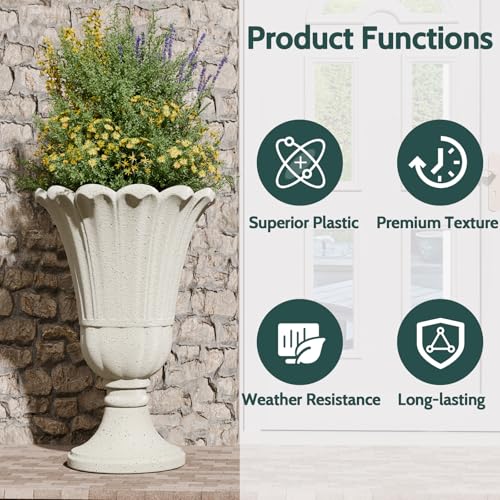 Tall Plastic Urn Planters and Pedestal - 24" Outdoor Planter Beige - color: White-petal